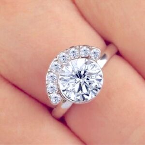 NEW‎ 2Ct Rhodium 925 Silver Half Moon Solitaire Simulated Diamond Ring, Size 6